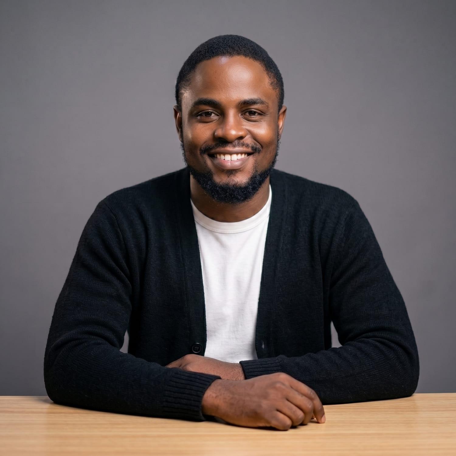 Nelson Edeh, the crypto educator behind NelsonXBT, seated at a desk in a dark cardigan